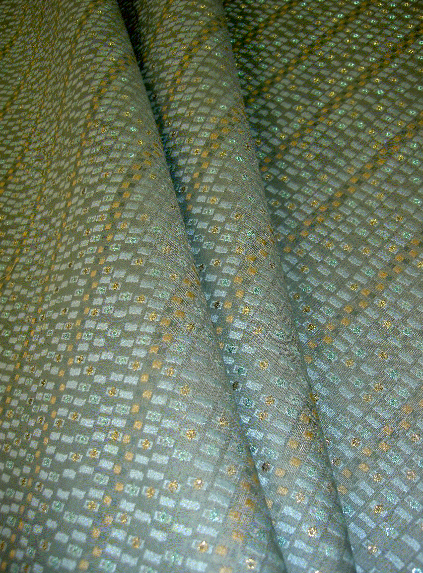 Exquisite Upscale Contemporary Workroom Fabric Remnant Gold and Aquamarine Metallic Highlights ContGoldAqua drape - click to order