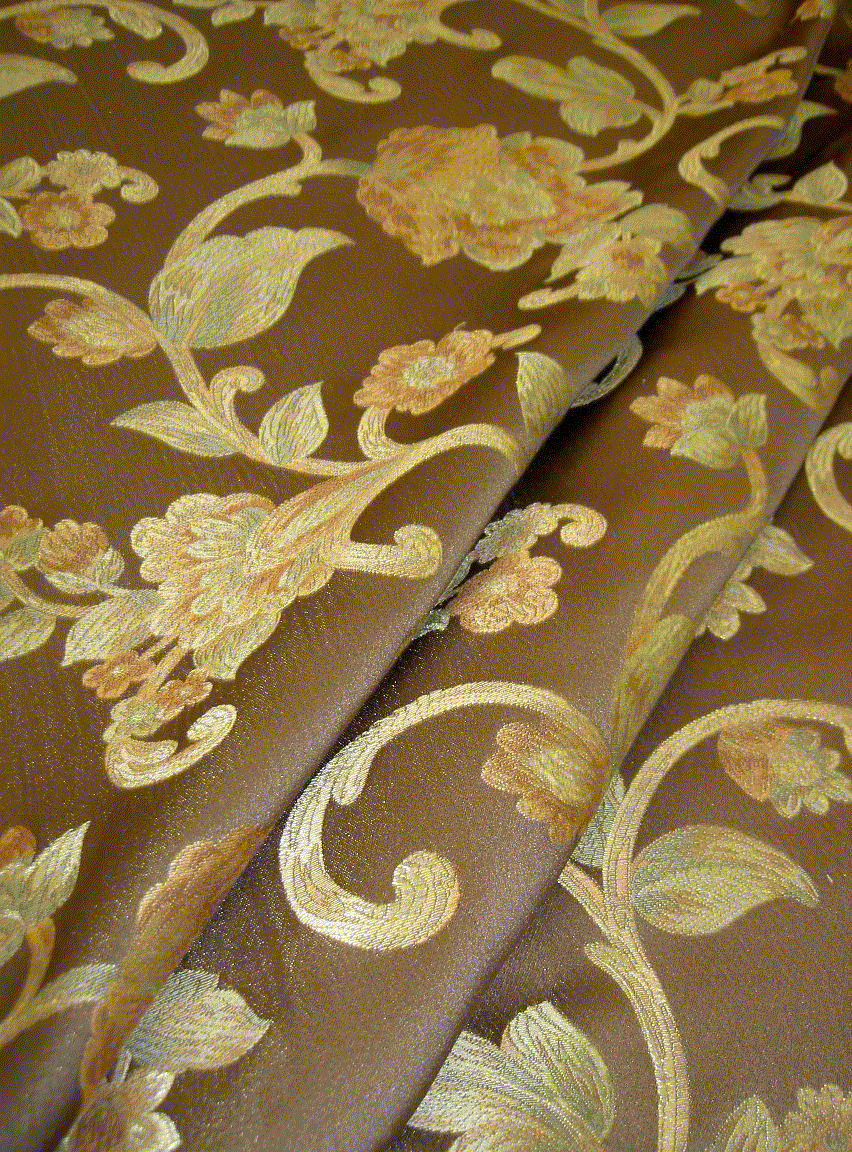 Upscale Floral Vine Design on Chocolate Brown Upholstery Weight Drapery Workroom Remnant CotRayFlorChocBrown drape - click to order
