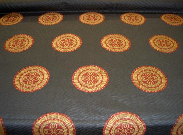 table view Black Moire Fabric with Gold and Red Medallions Workroom Remnant Upholstery Weight