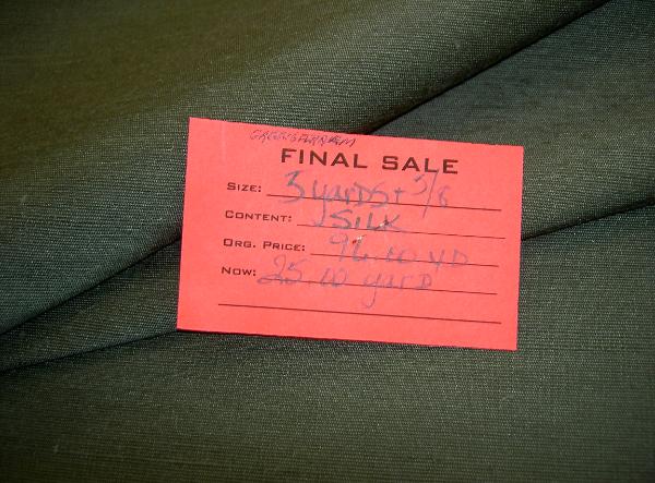 Premium Upscale Green Silk Upholstery Weight Workroom Fabric Remnant by the yard tag