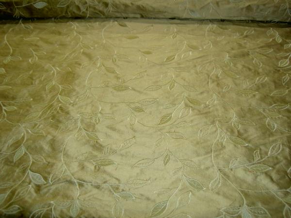 Upscale High End Aqua Embroidery on Sage Silk Drapery Workroom Fabric Remnant table view