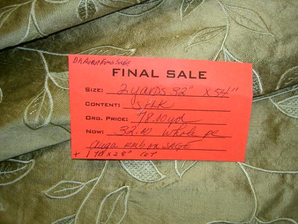 Upscale High End Aqua Embroidery on Sage Silk Drapery Workroom Fabric Remnant shop tag